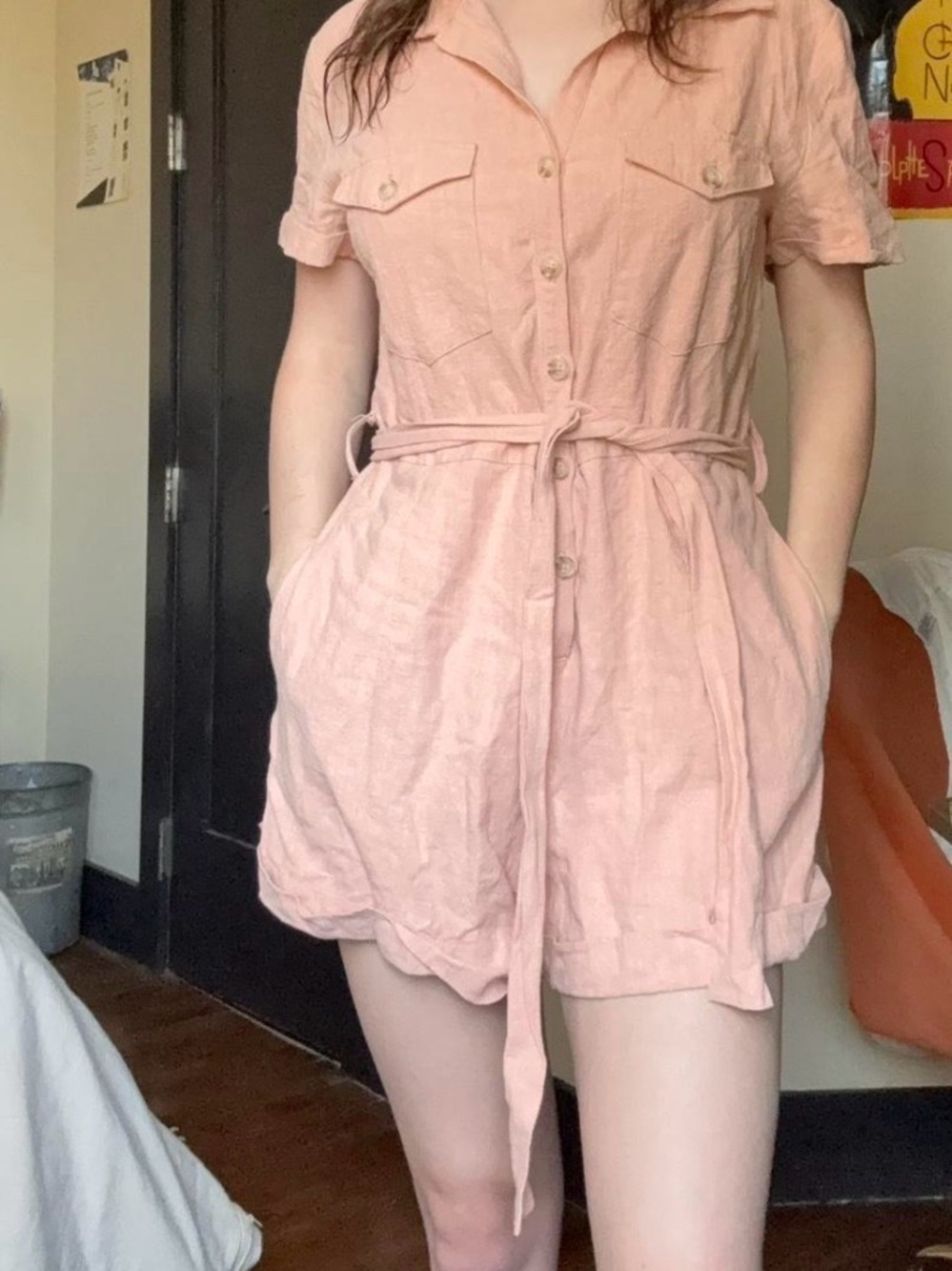 Auguste The Label Blush Pink Short-Sleeve Tie-Waist Romper